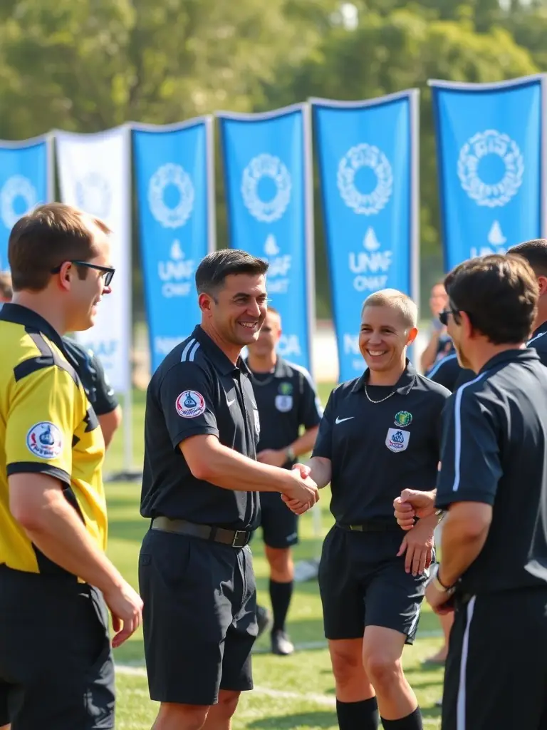 A photo of referees networking and supporting each other at a UNAF SR NOUVELLE AQUITAINE event, showcasing community and solidarity.