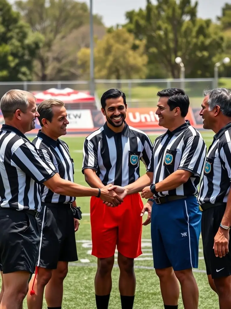 A group of referees networking and supporting each other at a UNAF SR NOUVELLE AQUITAINE event, showcasing the community aspect.