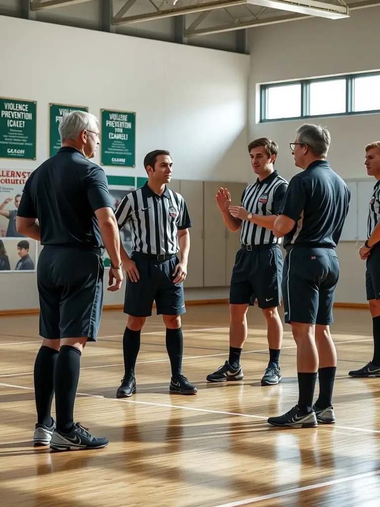 An image of referees participating in a training session on violence prevention, emphasizing the organization's commitment to safety and ethical conduct.