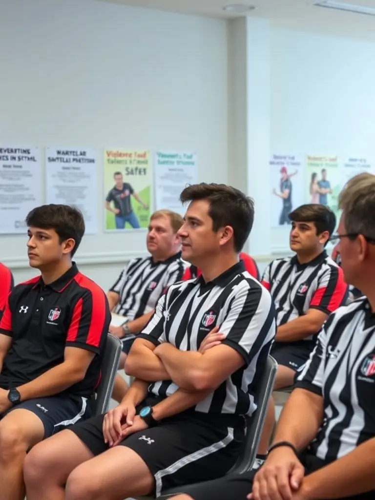 An image of referees participating in a violence prevention seminar, highlighting the organization's commitment to safety.