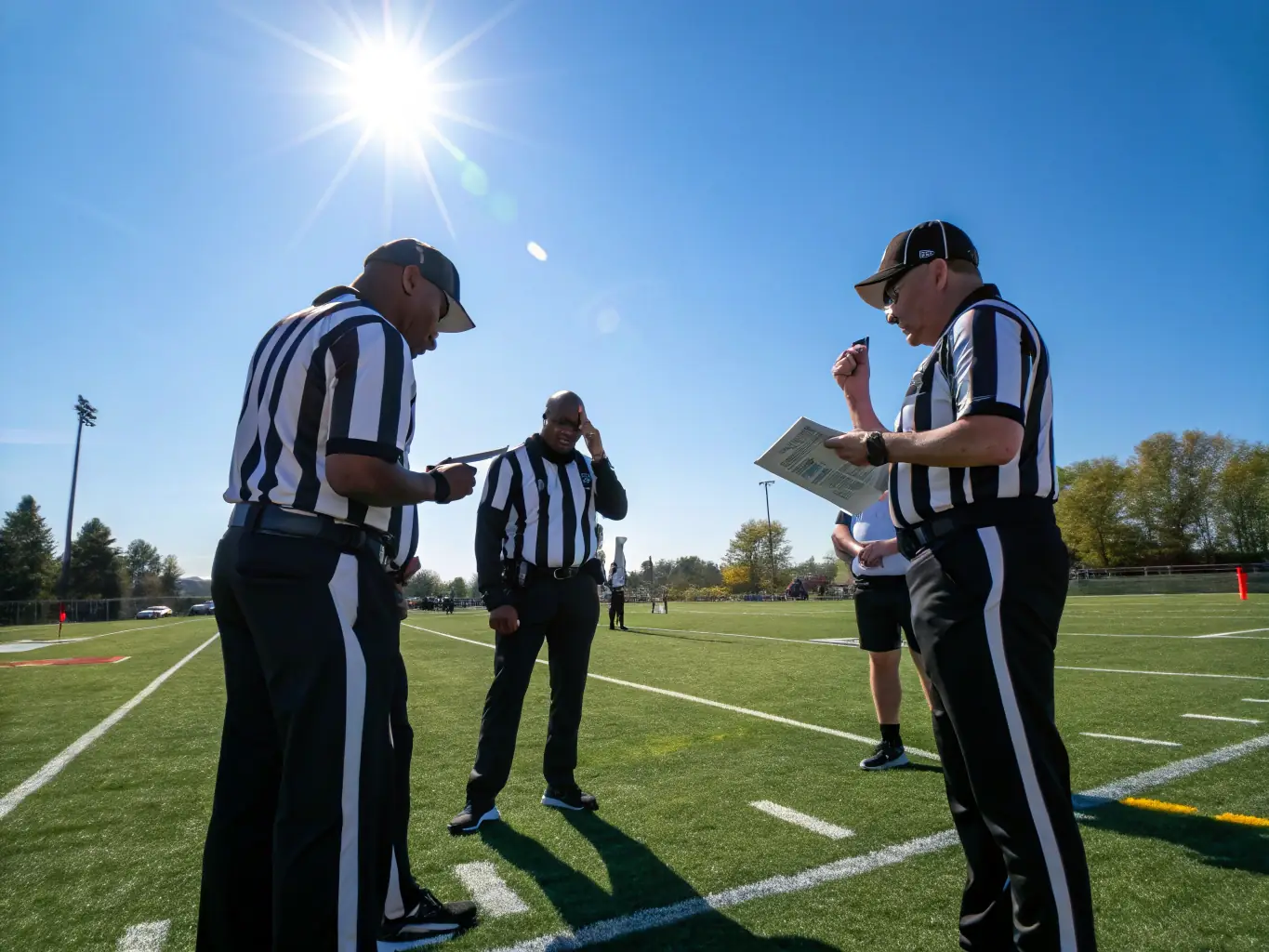 An image of referees in training, wearing safety gear and engaging in a workshop, symbolizing support and education.