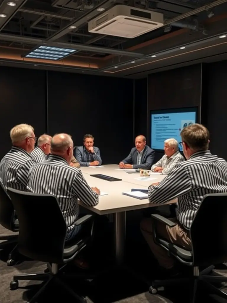 A group of referees attending a legal seminar, with a lawyer presenting information on their rights and protections.
